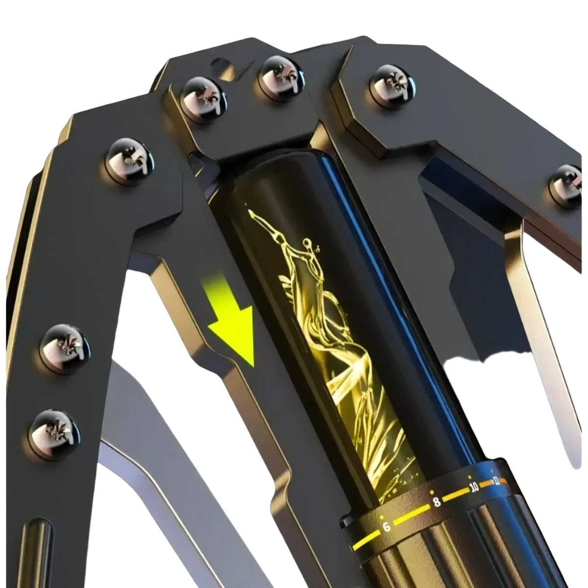 Black cylindrical hydraulic ram with gold engraved figure inside dark metallic housing in hydraulic power twister chest exerciser