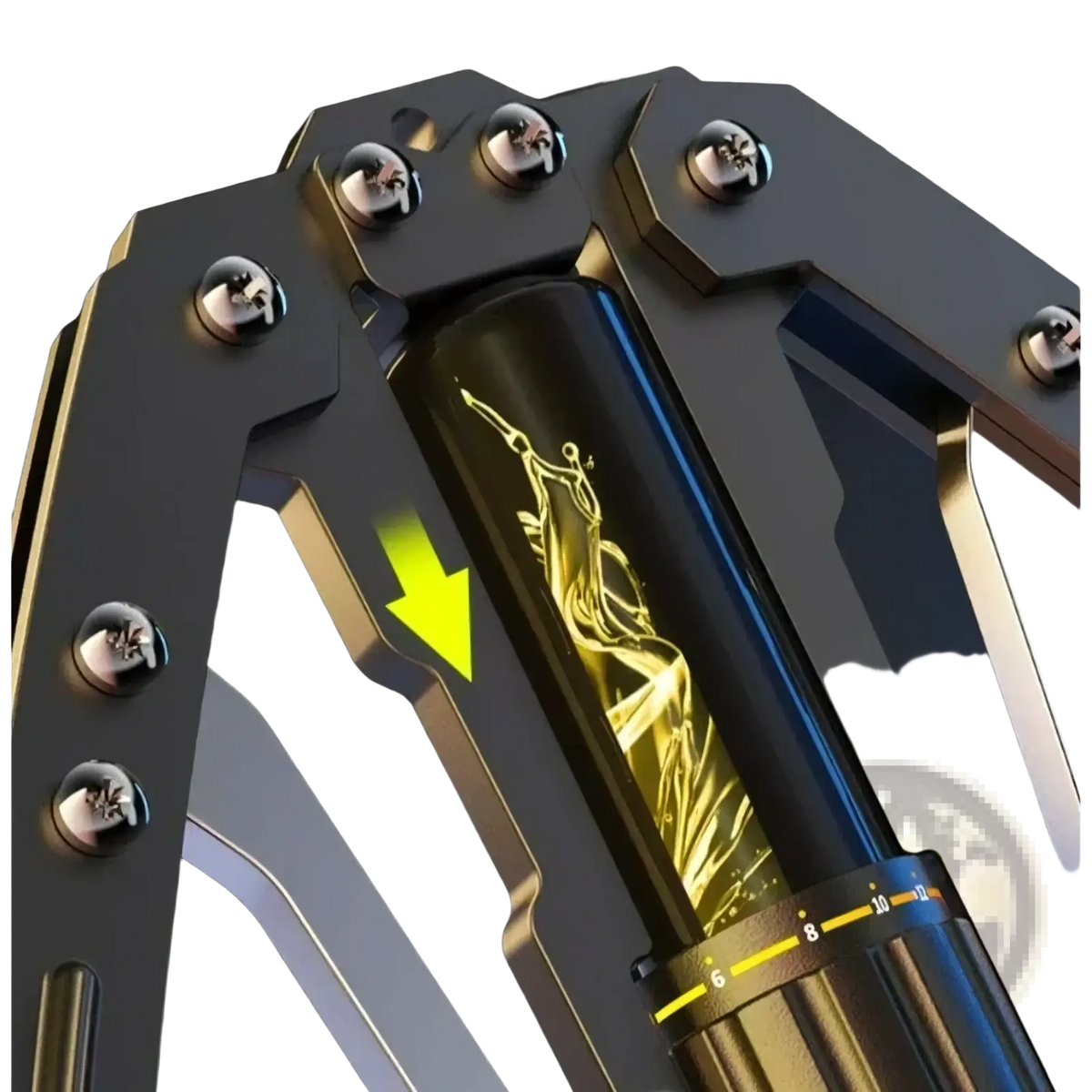 Black cylindrical hydraulic ram with gold engraved figure inside dark metallic housing in hydraulic power twister chest exerciser