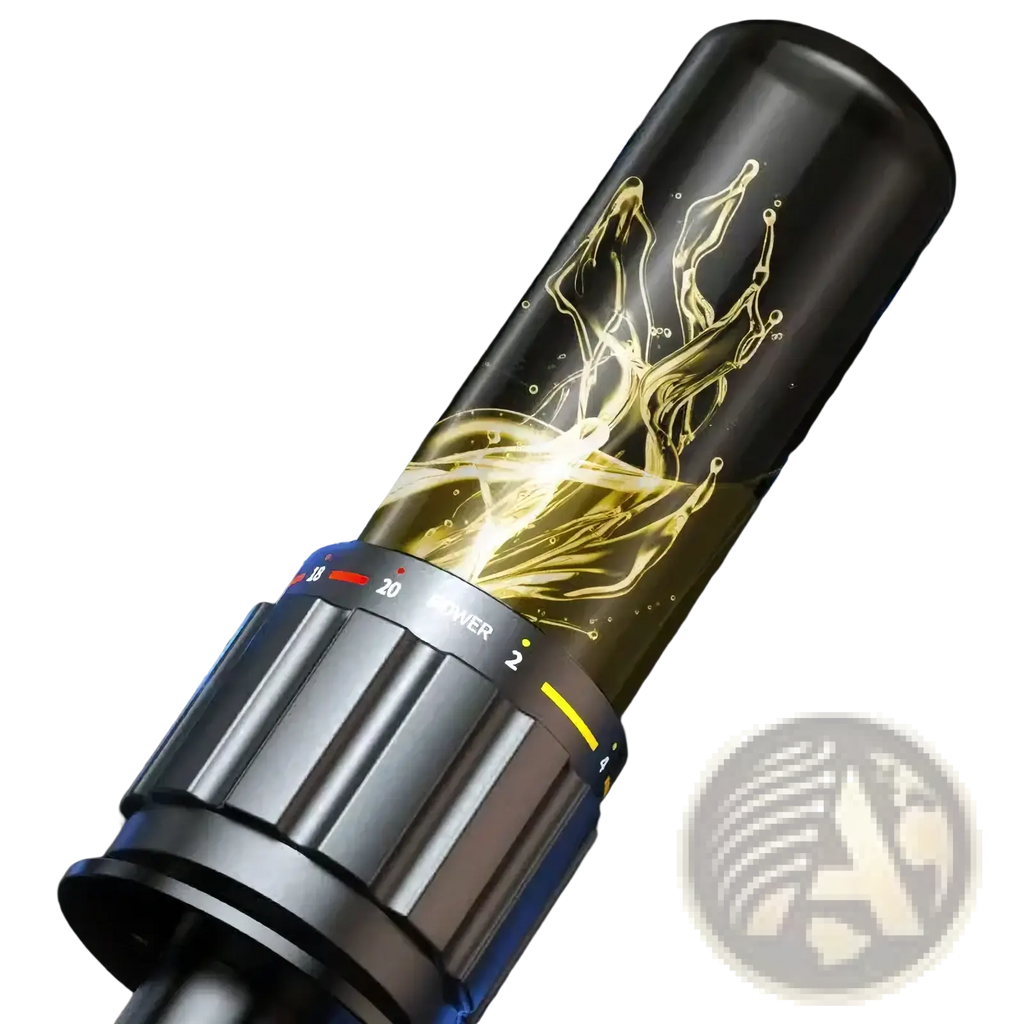 Black cylindrical sealed hydraulic oil reservoir with textured metallic knob and golden liquid splash for hydraulic power twister chest and arm exerciser