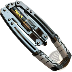 Silver and black hydraulic power twister chest and arm exerciser with yellow labeled cylindrical power cylinder