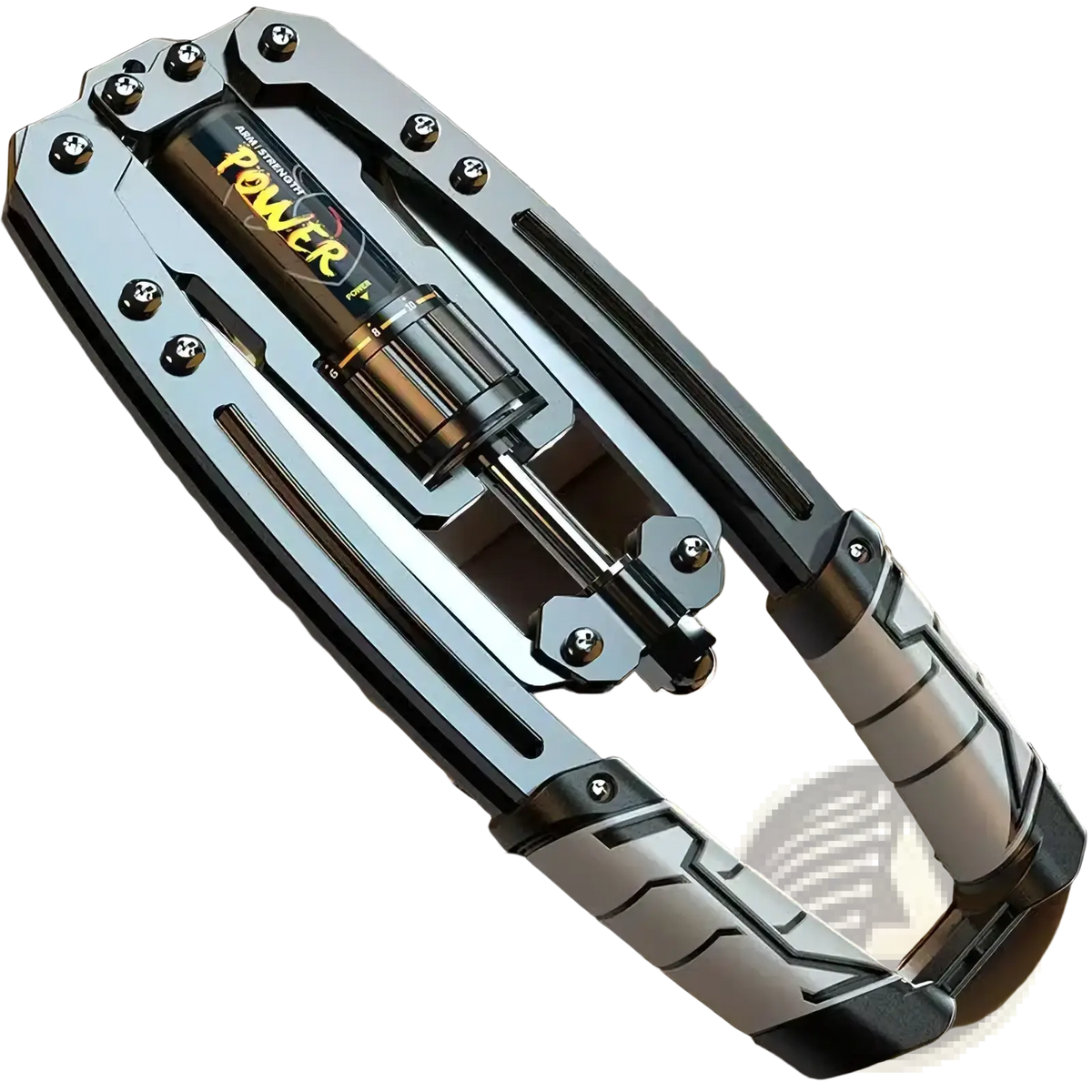 Silver and black hydraulic power twister chest and arm exerciser with yellow labeled cylindrical power cylinder