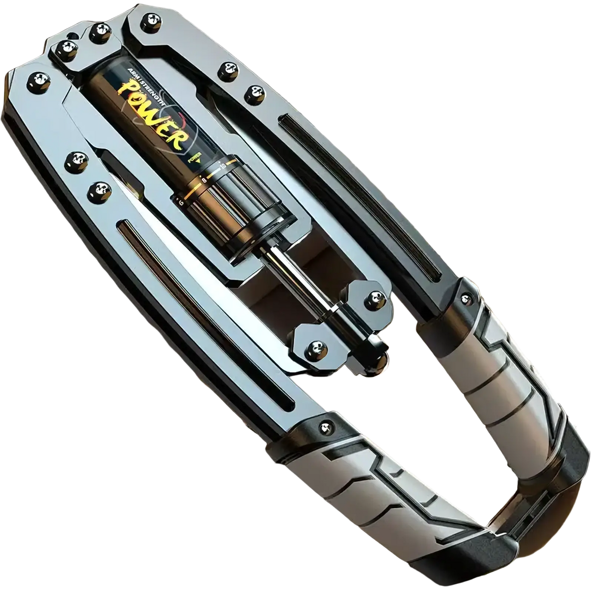 Silver and black hydraulic power twister chest and arm exerciser with yellow labeled cylindrical power cylinder