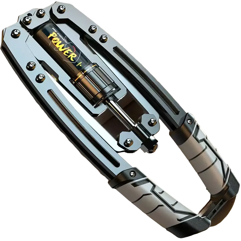 Silver and black hydraulic power twister chest and arm exerciser with yellow labeled cylindrical power cylinder