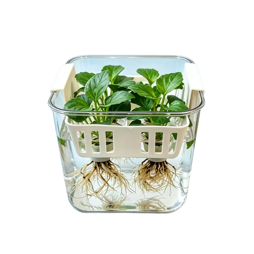 Hydroponic flower pot clear net pots with white plastic basket insert holding green plants and visible roots in water