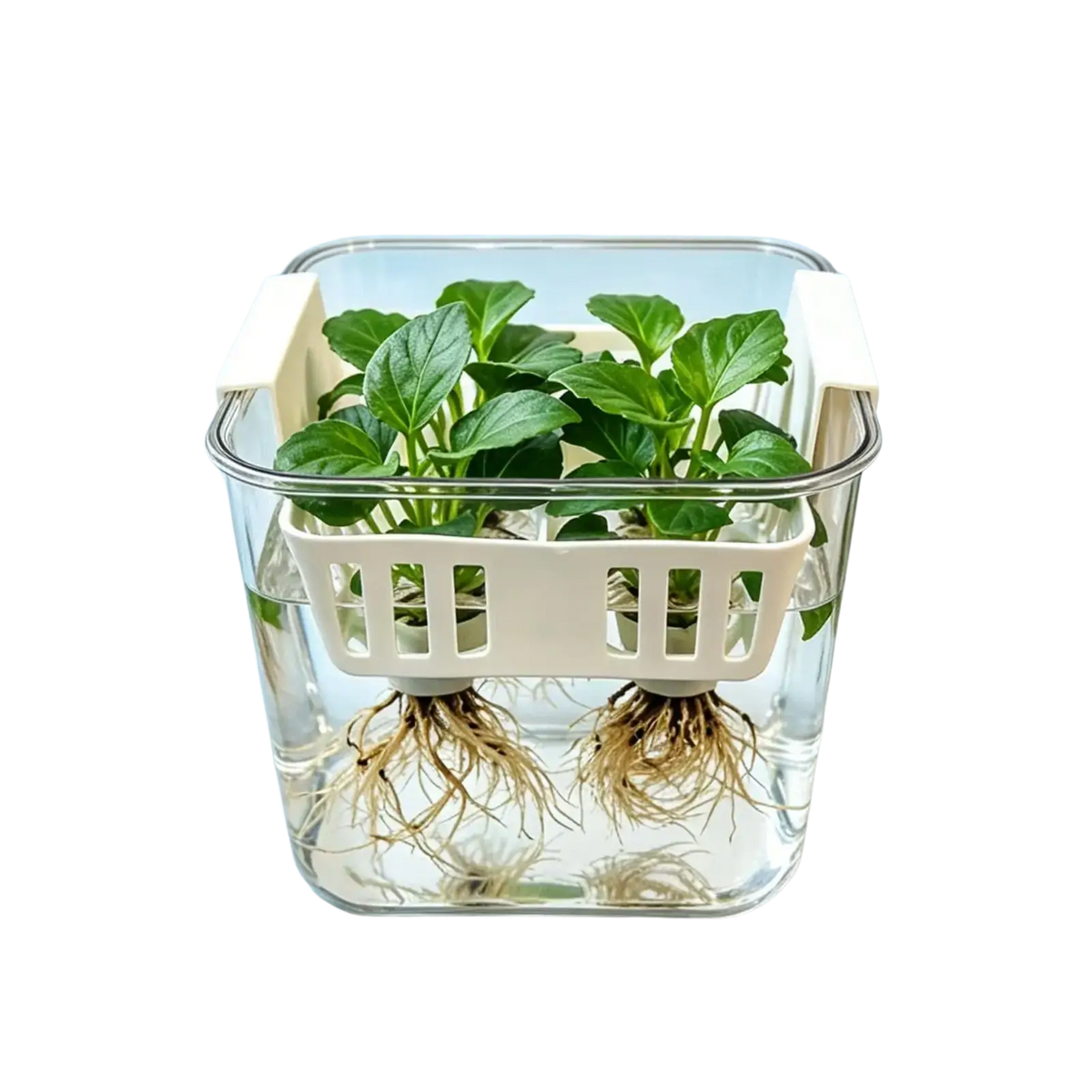 Hydroponic flower pot clear net pots with white plastic basket insert holding green plants and visible roots in water