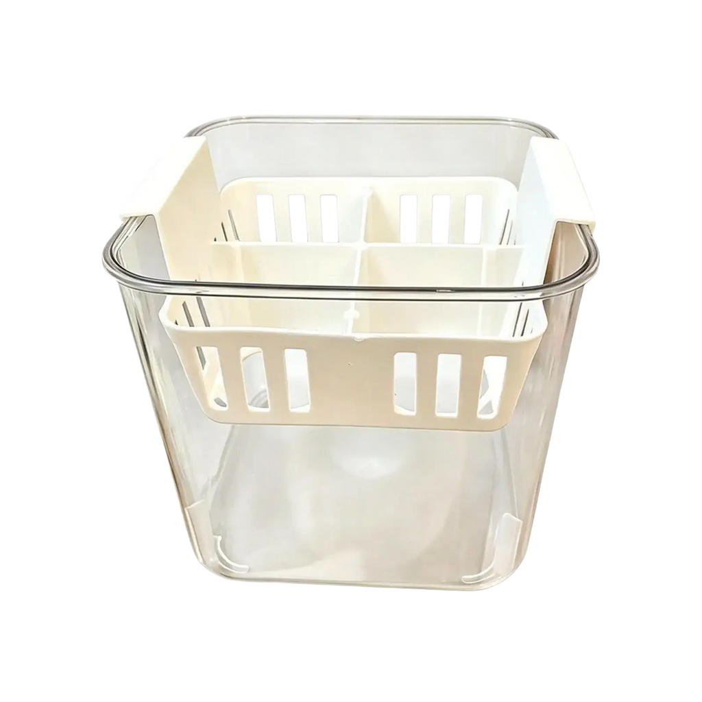 Clear plastic hydroponic flower pot with beige slatted interior divider and four-grid net pots for planting use