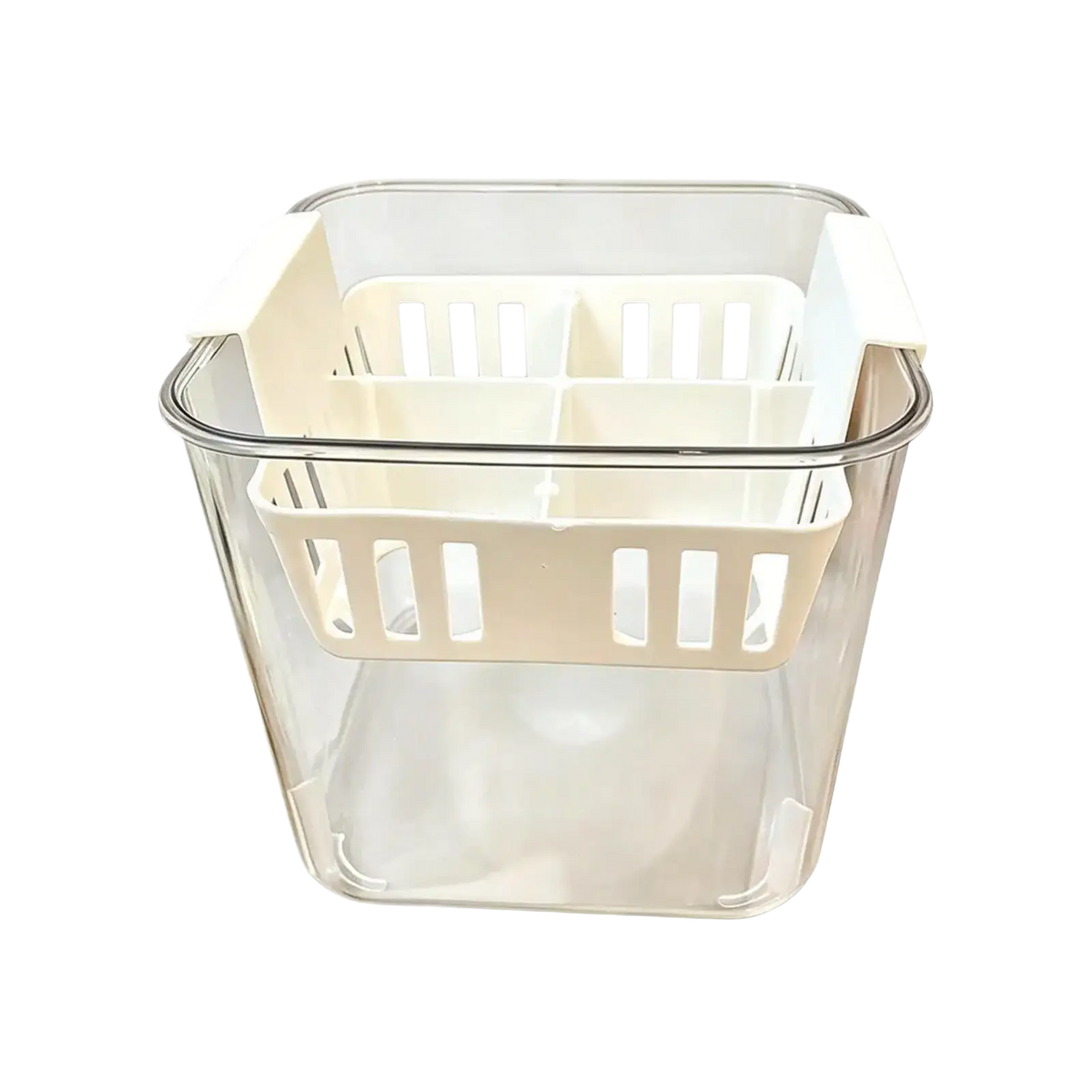 Clear plastic hydroponic flower pot with beige slatted interior divider and four-grid net pots for planting use