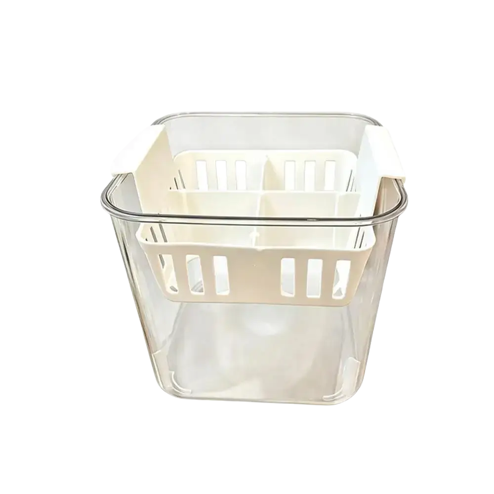 Clear plastic hydroponic flower pot with beige slotted divider insert and 4-grid net pots planter design