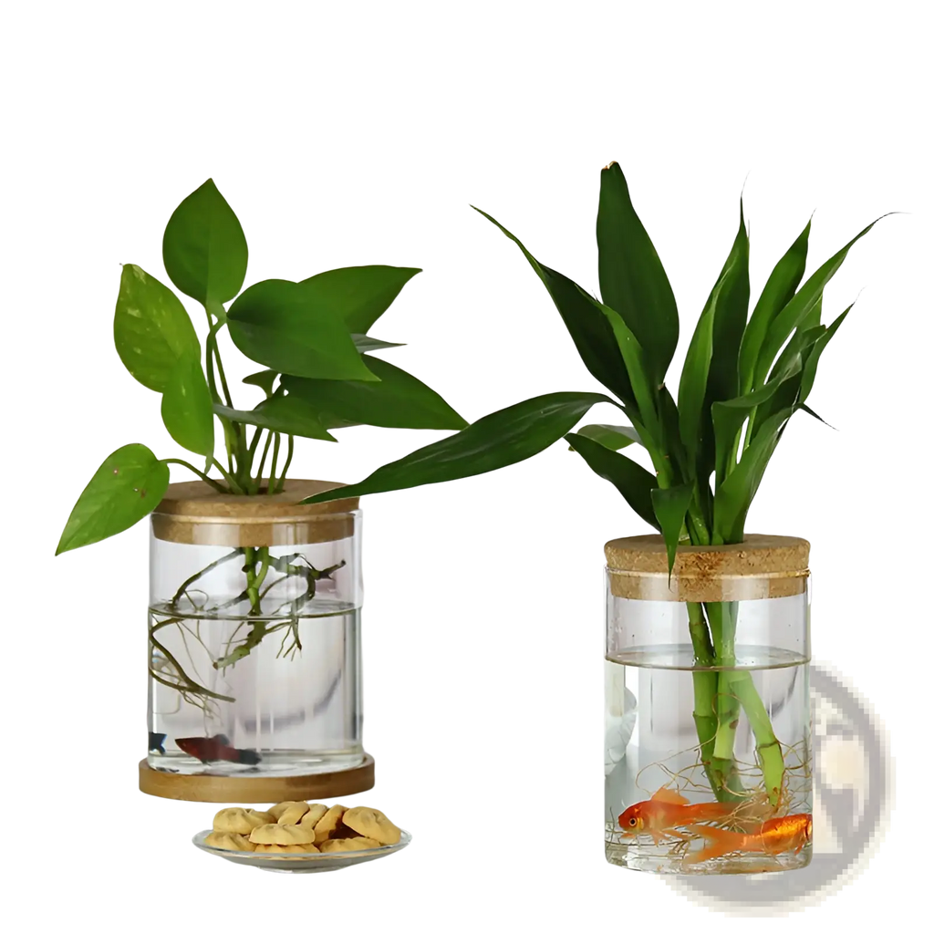 Hydroponic glass vases with cork lids hold green plants and small fish in clear water for decorative use