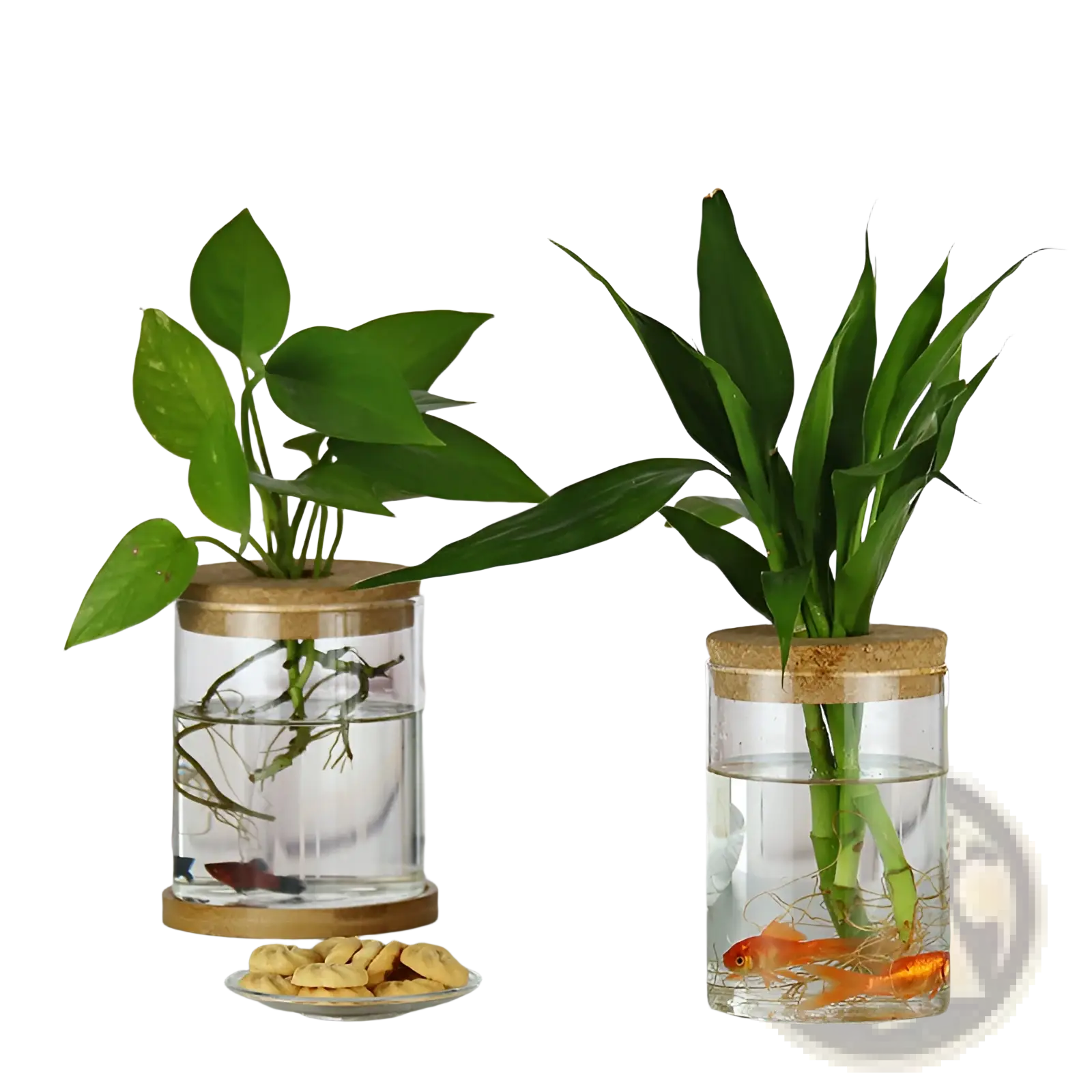 Hydroponic glass vases with cork lids hold green plants and small fish in clear water for decorative use