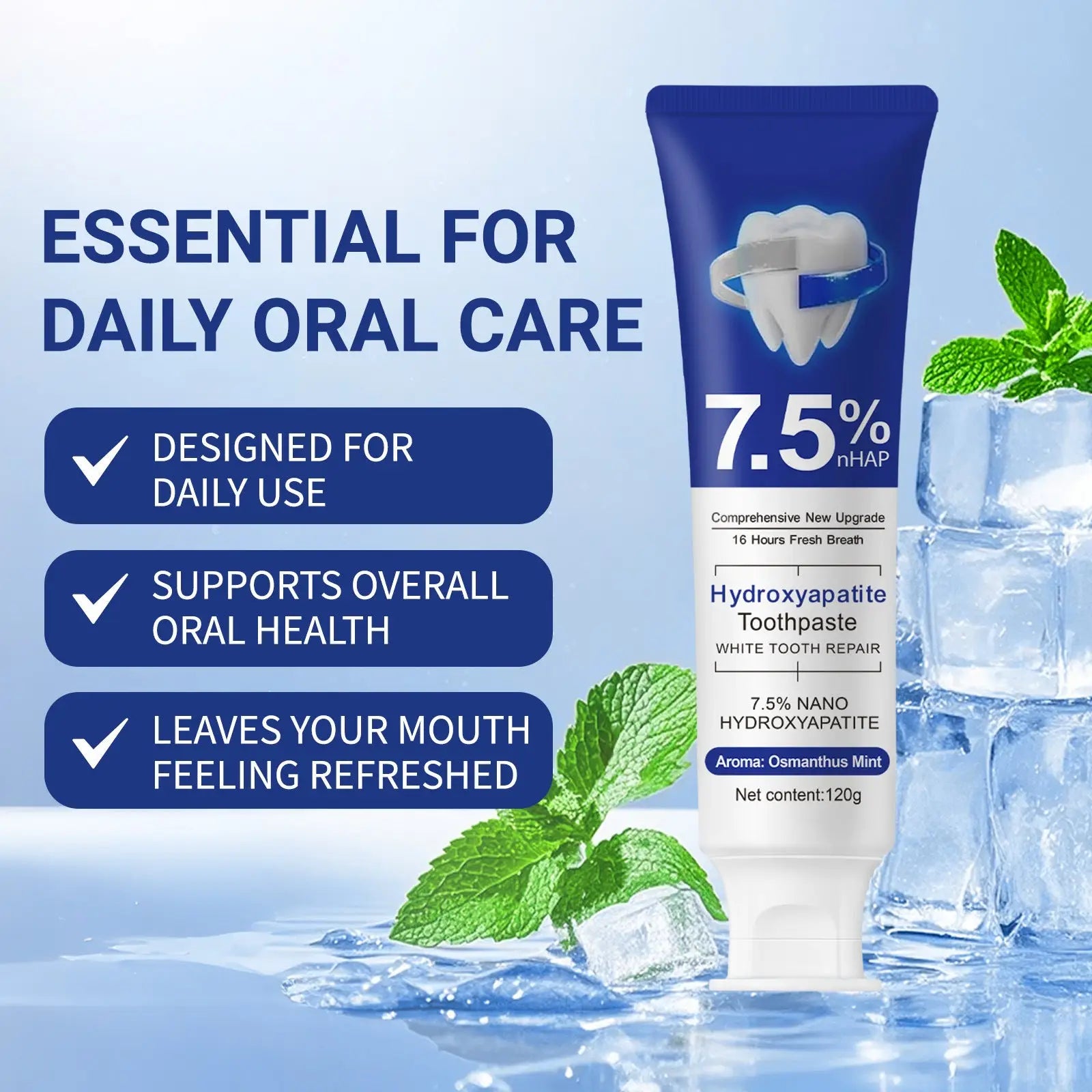 Blue and white tube of hydroxyapatite toothpaste 7.5% nhap osmanthus mint flavor with tooth icon on label 120g