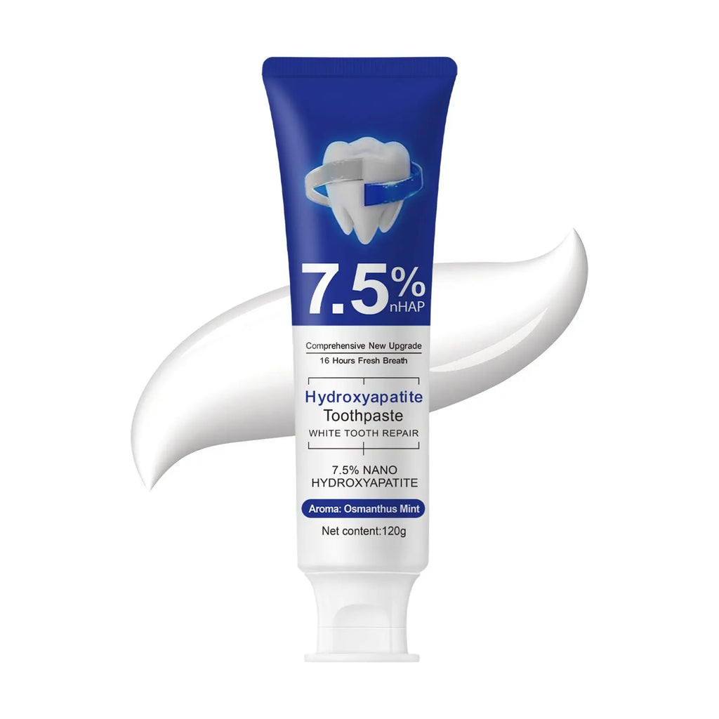 Blue and white tube of hydroxyapatite toothpaste with 7.5 percent nhap and osmanthus mint aroma 120g net content