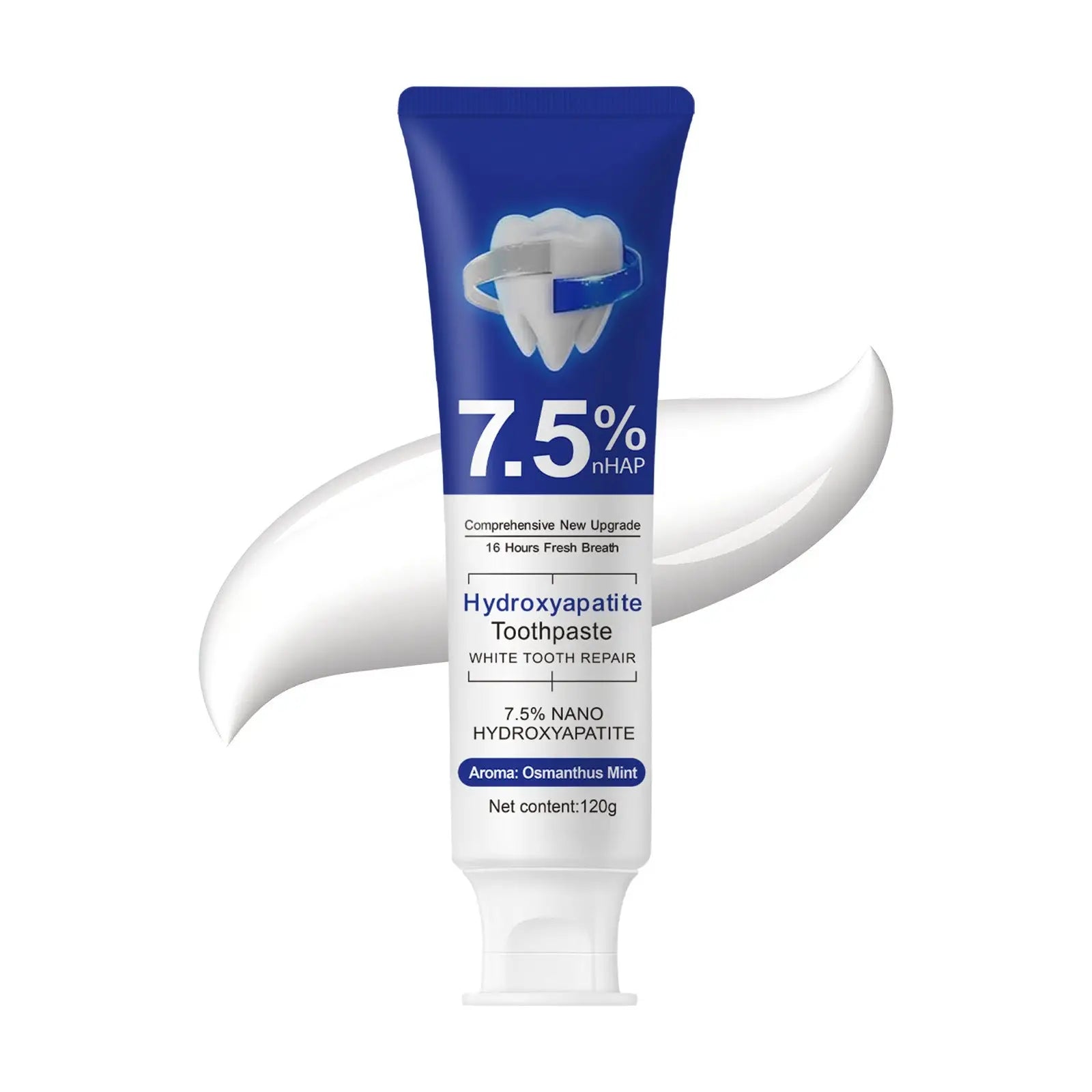Blue and white tube of hydroxyapatite toothpaste with 7.5 percent nhap and osmanthus mint aroma 120g net content