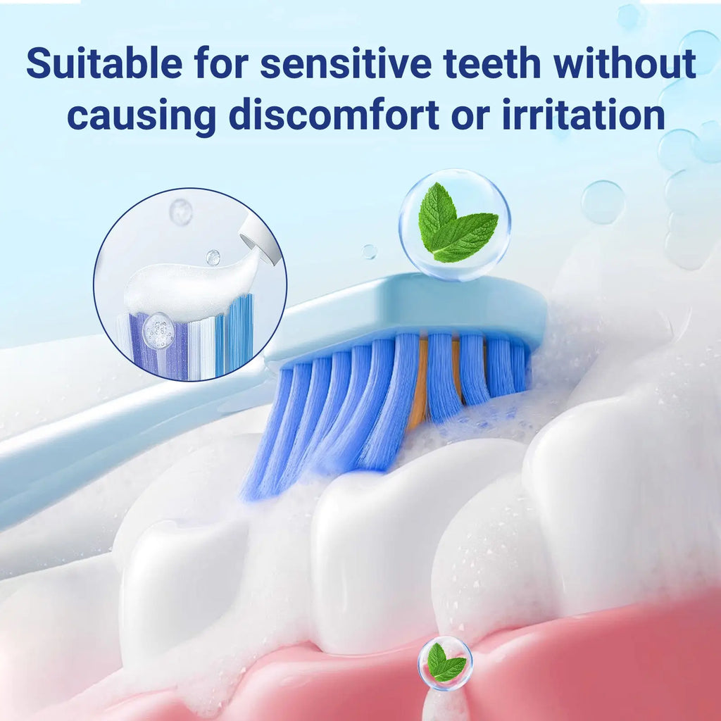 A light blue toothbrush with soft flexible bristles designed for gentle cleaning alongside hydroxyapatite toothpaste 7.5% nhap osmanthus mint 120g