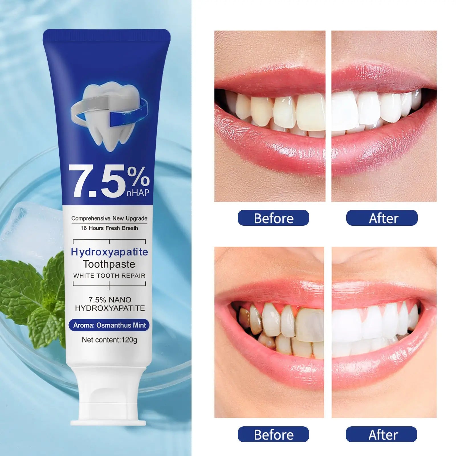 Blue tube of hydroxyapatite toothpaste with white label and mint aroma for dental care 7.5% nhap osmanthus mint 120g