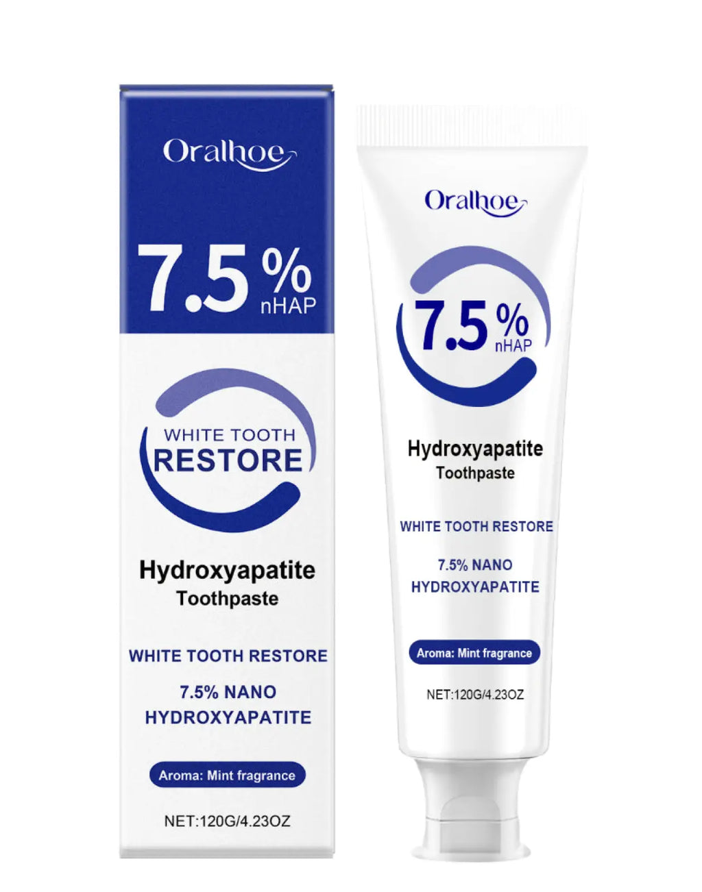White tube of oral-b hydroxyapatite toothpaste with blue branding for mint whitening 7.5% NHAP treatment