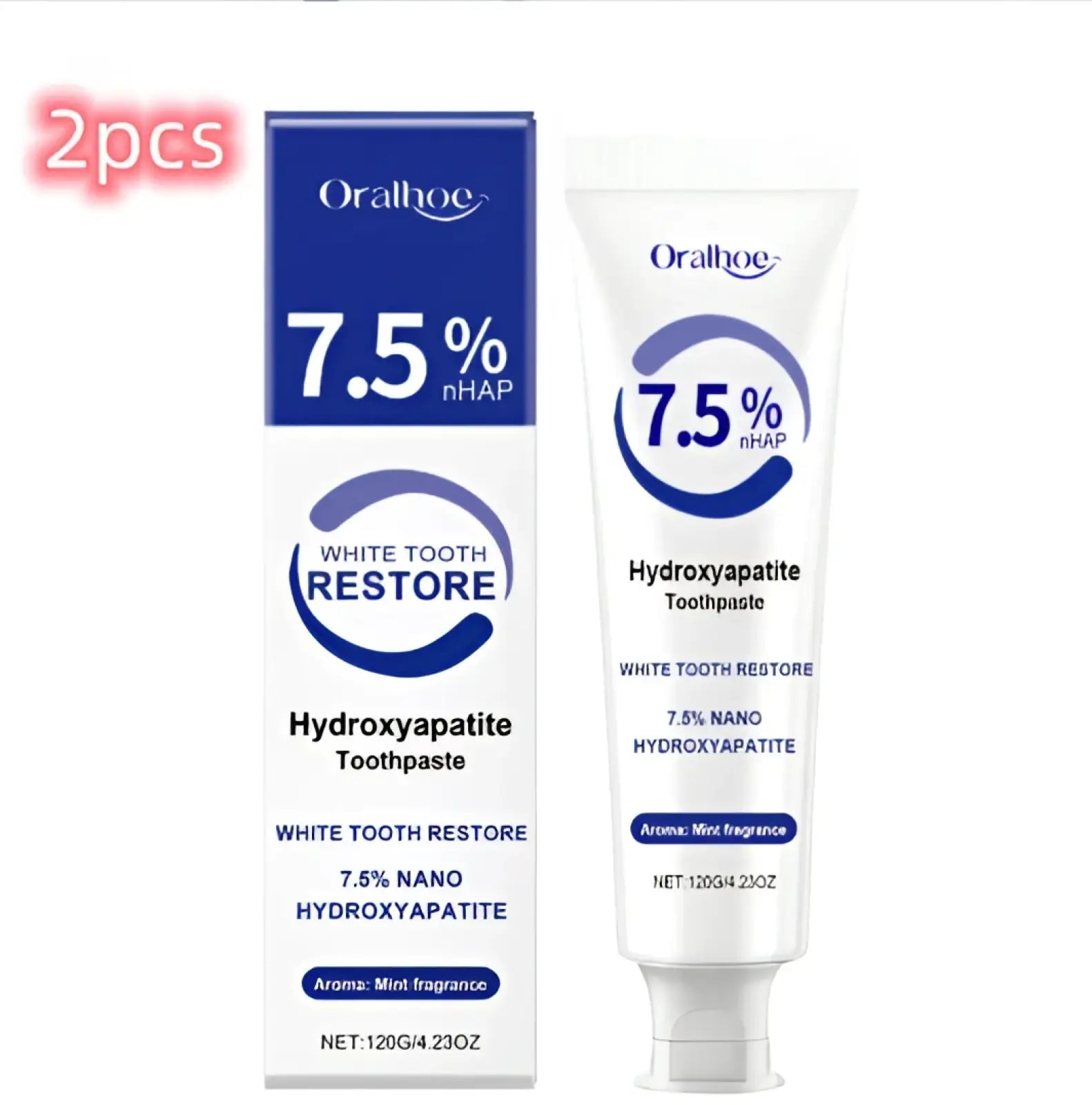 Oral-B 7.5% nano hydroxyapatite toothpaste in white tube with blue and silver mint whitening branding for teeth care