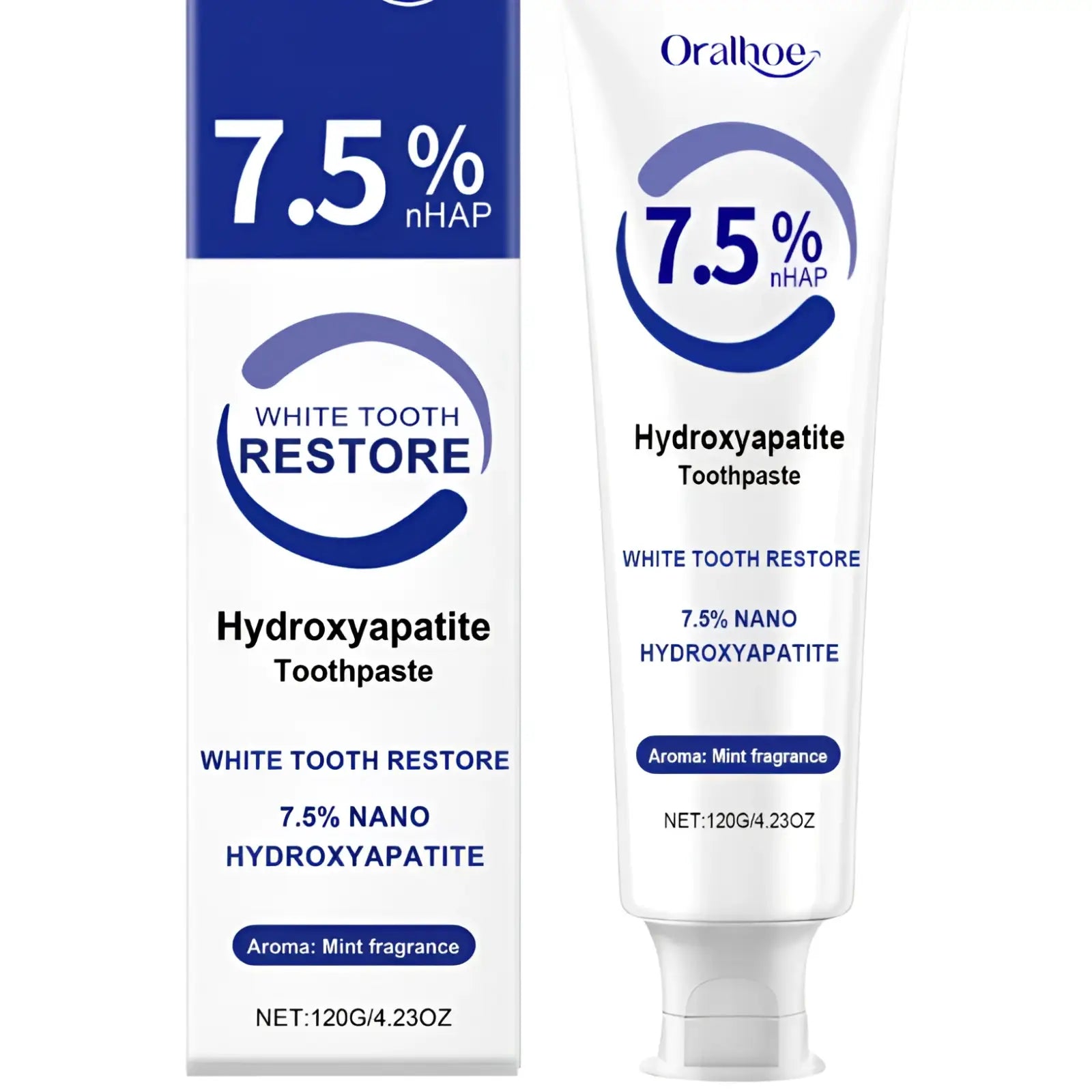 Oral-b white tooth restore toothpaste in a white tube with blue accents featuring 7.5 percent nhap hydroxyapatite and mint fragrance