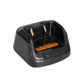 Black plastic hytera bd610 bd500 desktop charger base with gold contacts and orange caution label on the back side