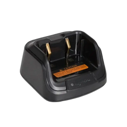Black plastic hytera bd610 bd500 desktop charger base with gold contacts and orange caution label on the back side