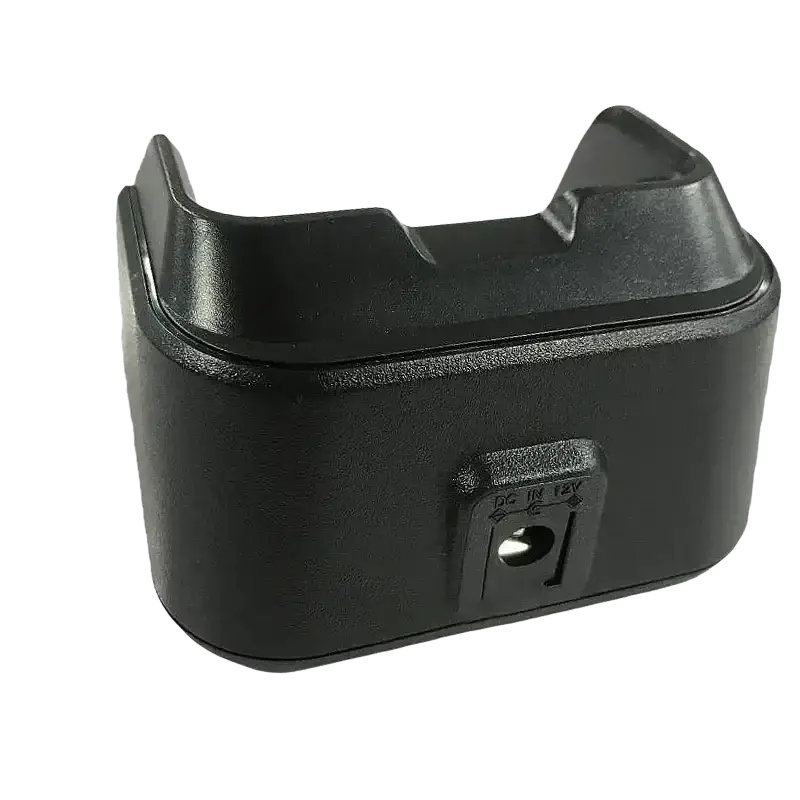 Black plastic hytera bd610 bd500 desktop charger base with rectangular shape and front integrated power input port