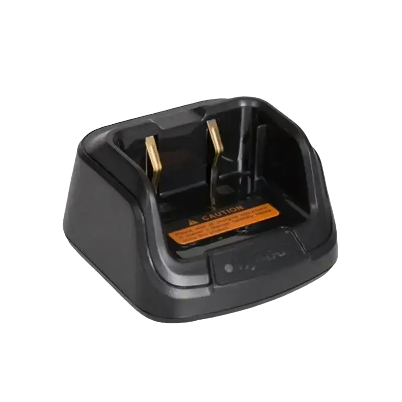 Black plastic hytera bd610 bd500 desktop charger base with gold metal contacts and orange caution label on the back side