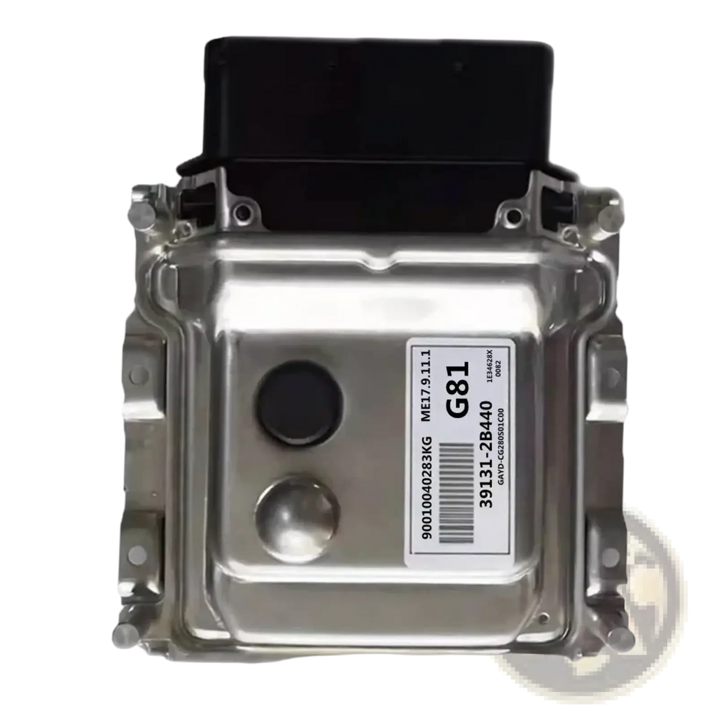 Hyundai ecu engine computer board 391312b440 silver metal unit with black top cover and labeled sticker