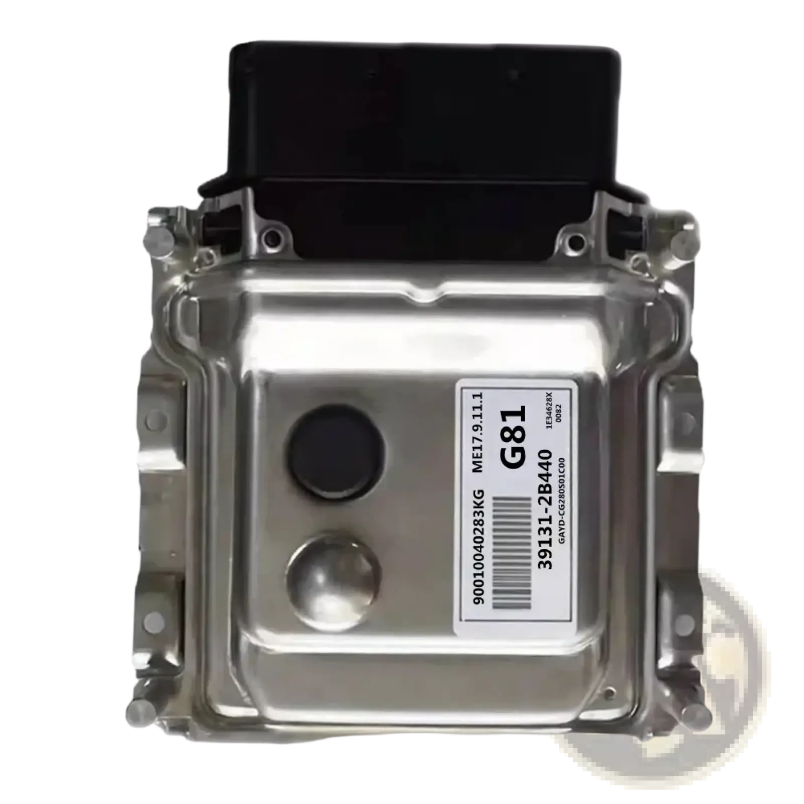 Hyundai ecu engine computer board 391312b440 silver metal unit with black top cover and labeled sticker