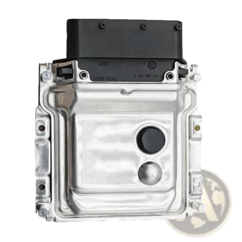 Hyundai ecu engine computer board in silver metal with black plastic top and two circular front openings
