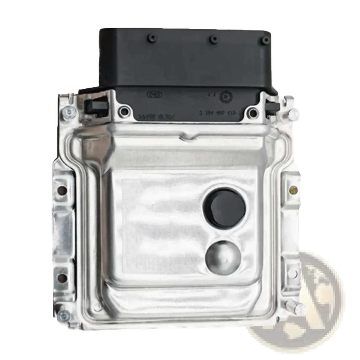 Hyundai ecu engine computer board in silver metal with black plastic top and two circular front openings
