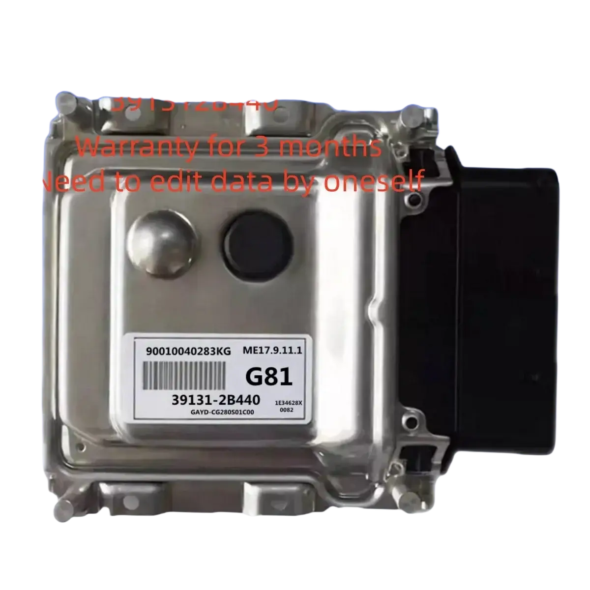 Silver metallic Hyundai ecu engine computer board with black connector and white label showing part number 39131-2b440