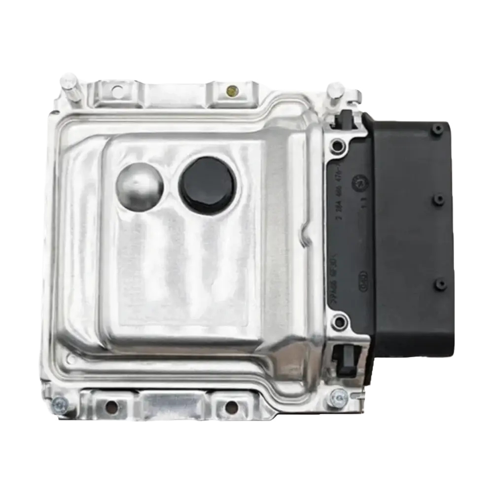 Silver metallic Hyundai ecu engine computer board 391312b440 with black connector on the right side back view