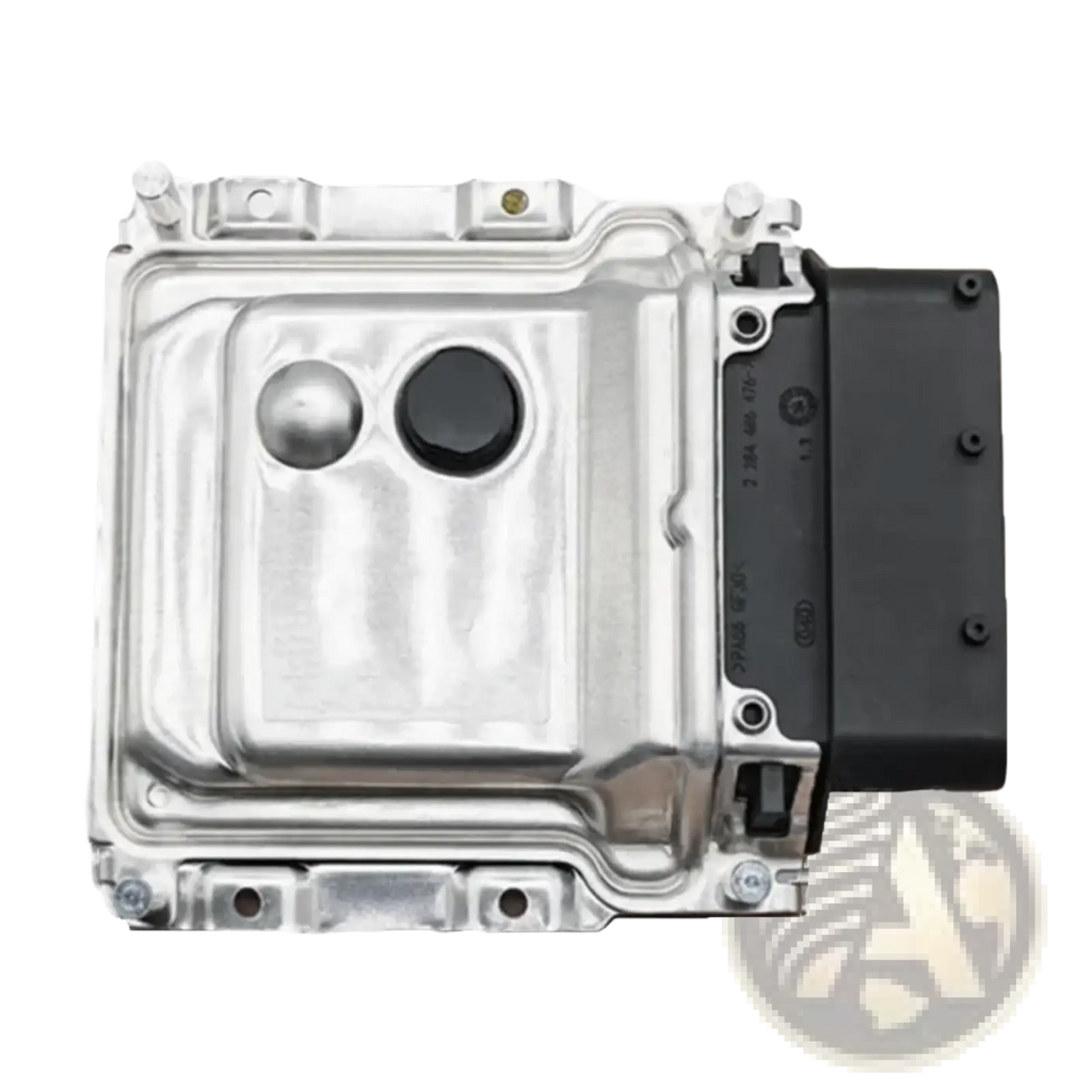 Silver metallic Hyundai ecu engine computer board 391312b440 with black connector on the right side back view