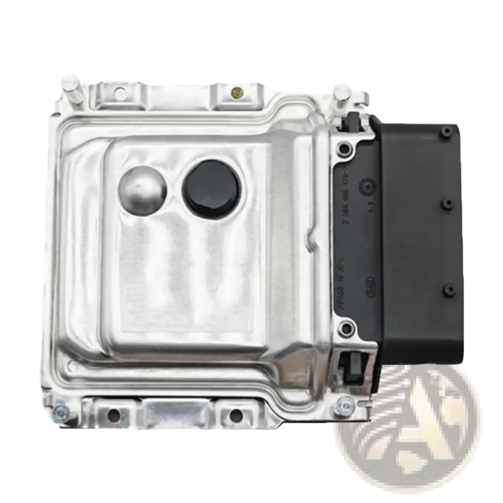 Silver metallic Hyundai ecu engine computer board 391312b440 with black connector on the right side back view