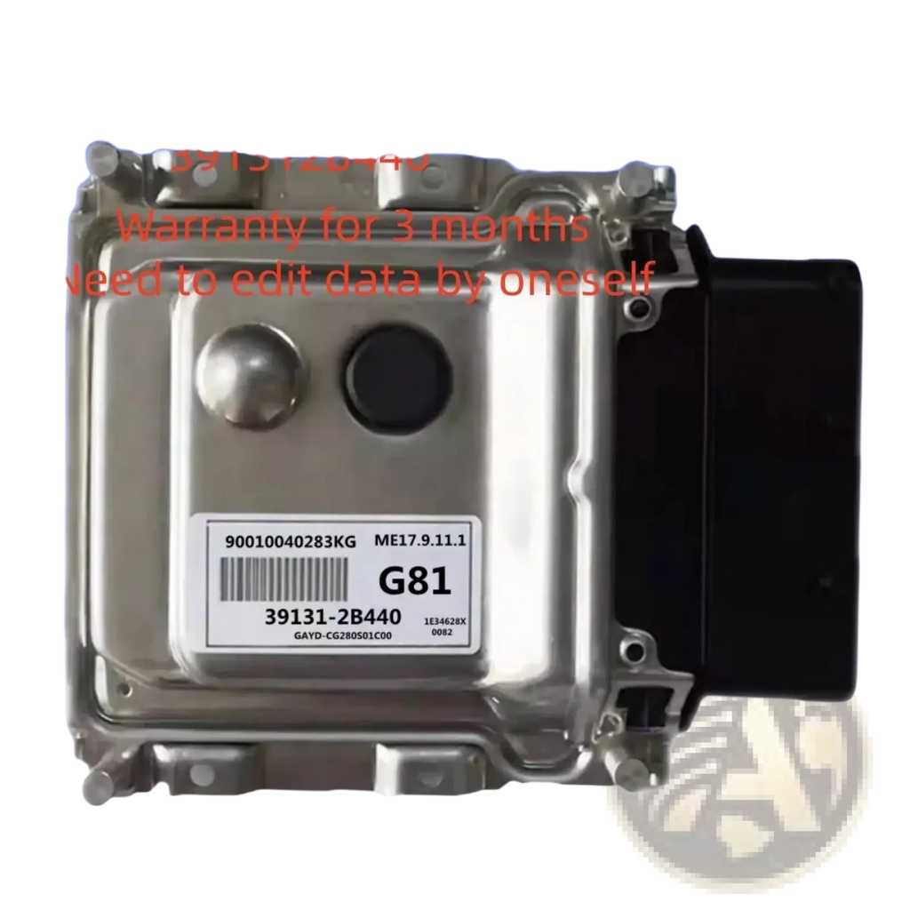 Silver metallic Hyundai ecu engine computer board with black connector and white label showing part number 39131-2b440