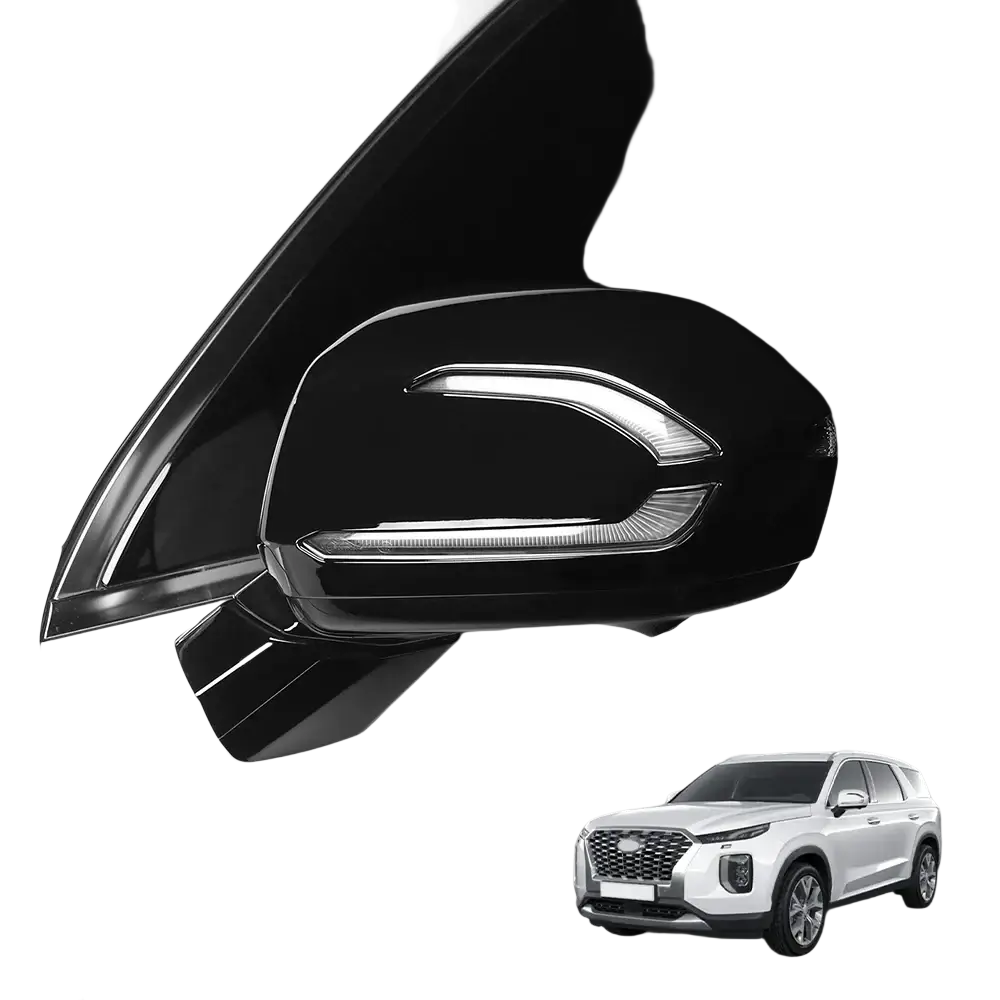 Black glossy Hyundai Palisade led side mirror cover with integrated led lighting strip 2020-2025 shown from the back side