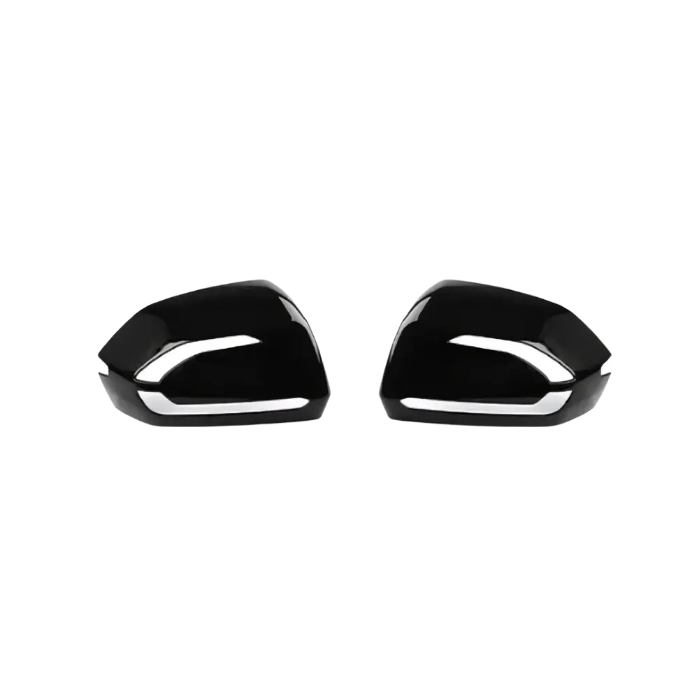 Black glossy Hyundai Palisade led mirror covers 2020-2025 with silver accent stripes shown from the back side