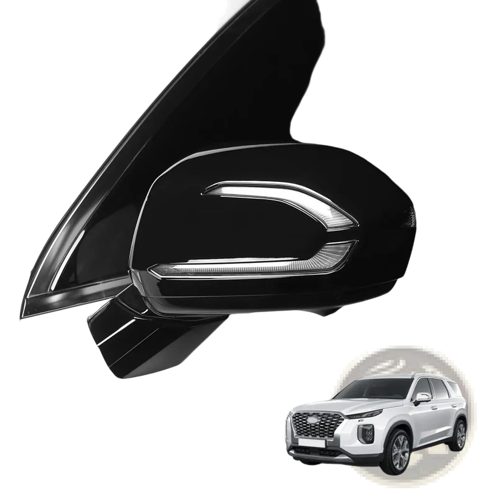 Black glossy Hyundai Palisade led side mirror cover with integrated led lighting strip 2020-2025 shown from the back side