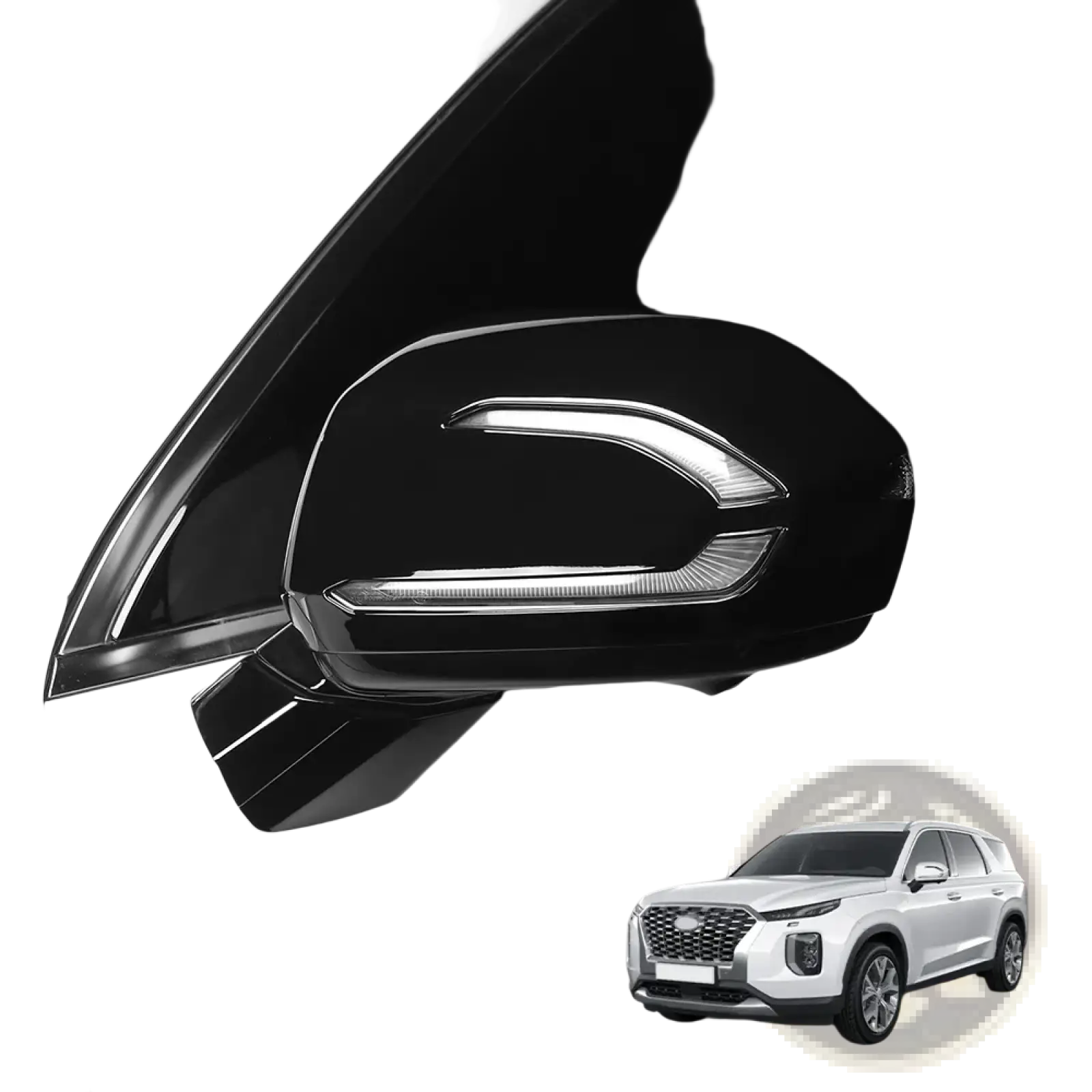 Black glossy Hyundai Palisade led side mirror cover with integrated led lighting strip 2020-2025 shown from the back side