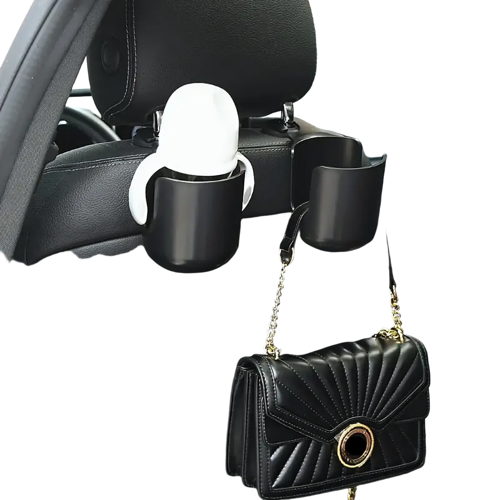 Black car headrest cup holder with white banana-shaped phone clip attached to icar v23 center console organizer tray
