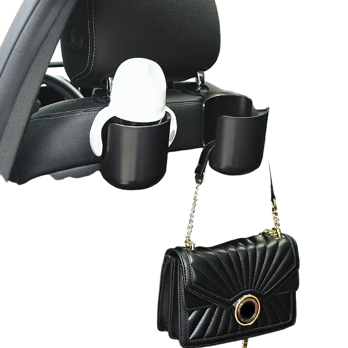 Black car headrest cup holder with white banana-shaped phone clip attached to icar v23 center console organizer tray