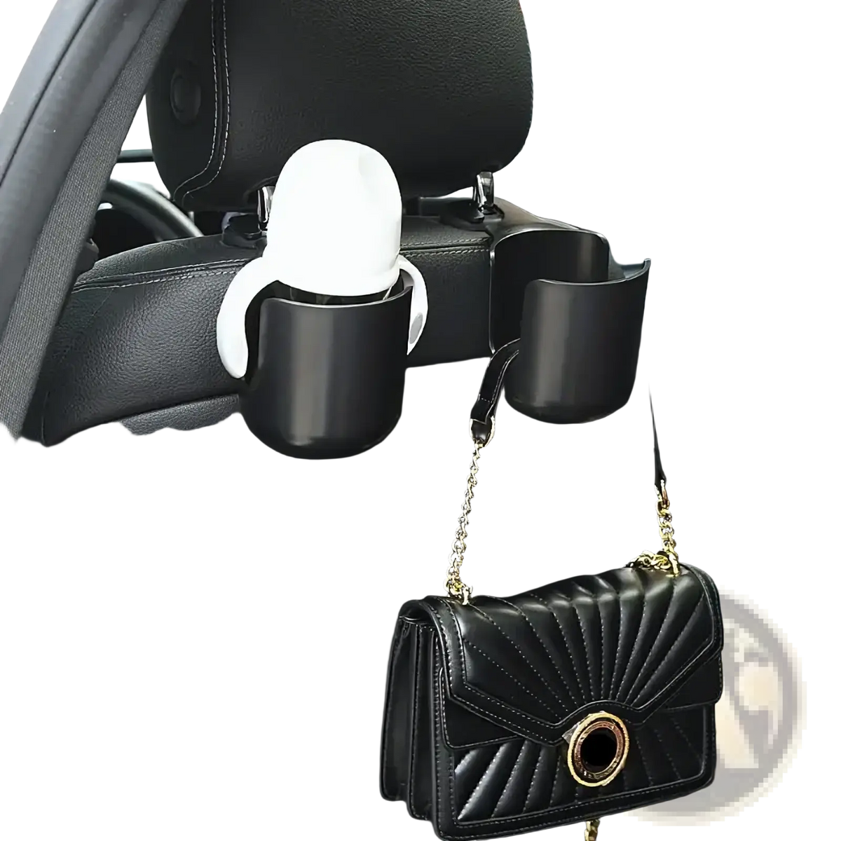 Black car headrest cup holder with white banana-shaped phone clip attached to icar v23 center console organizer tray