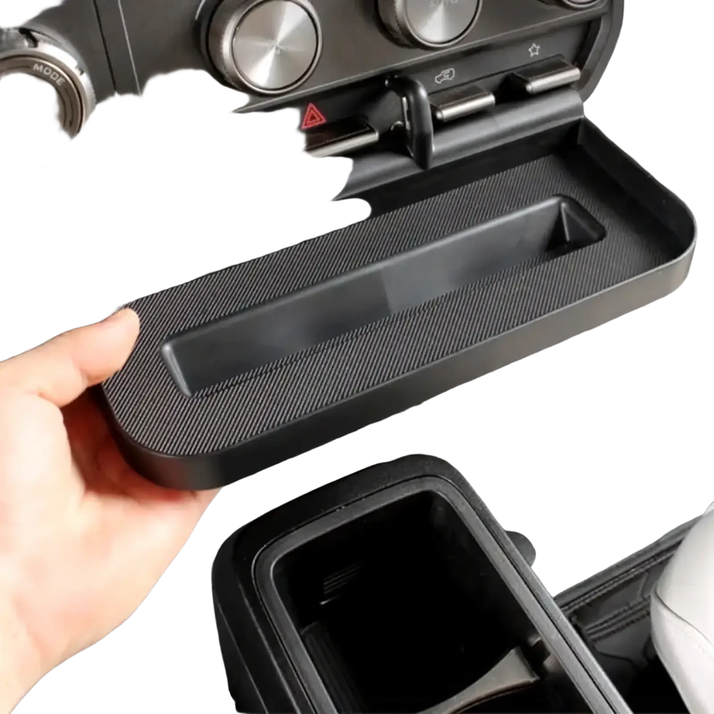 Black carbon fiber textured icar v23 center console organizer tray with integrated storage compartments