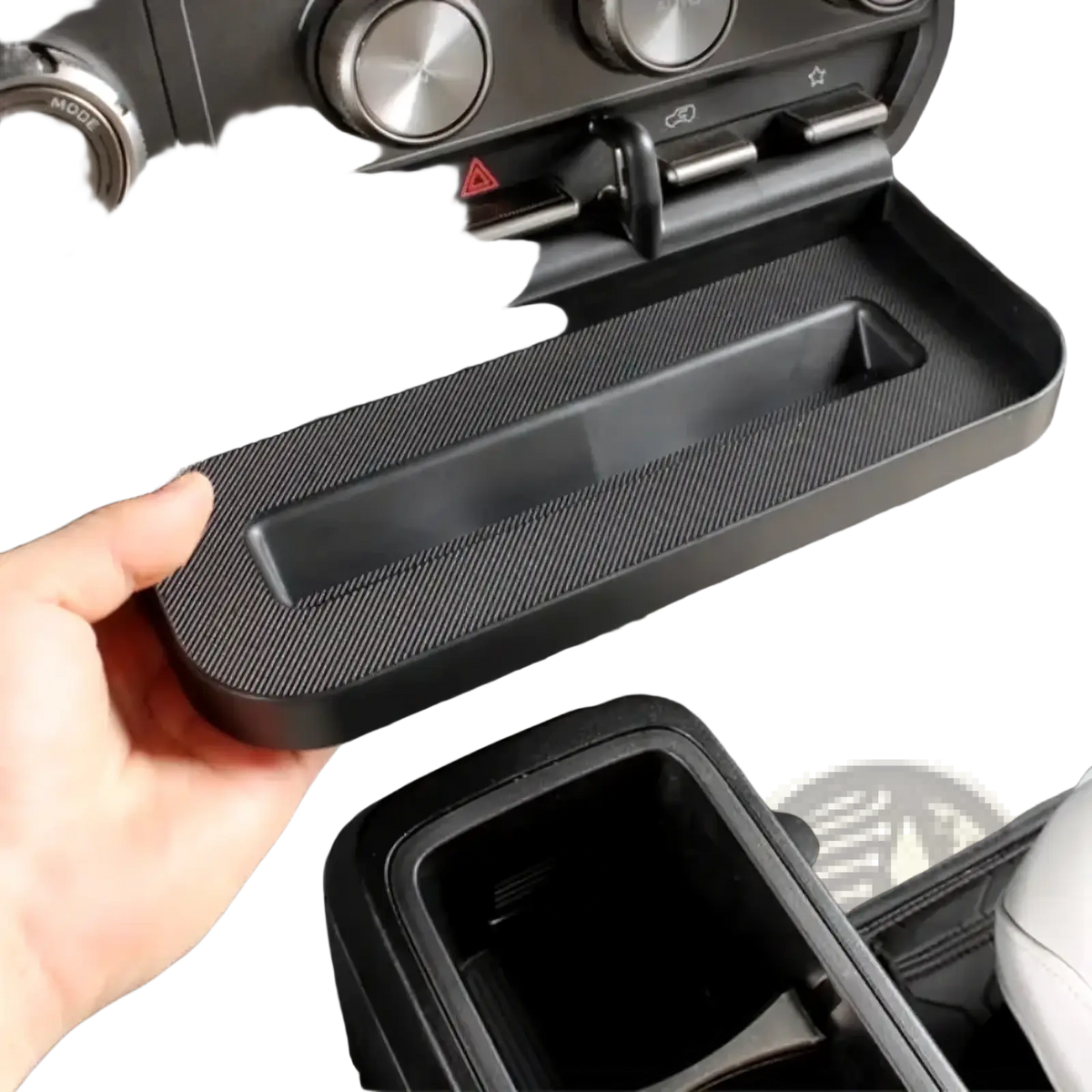 Black carbon fiber textured icar v23 center console organizer tray with integrated storage compartments