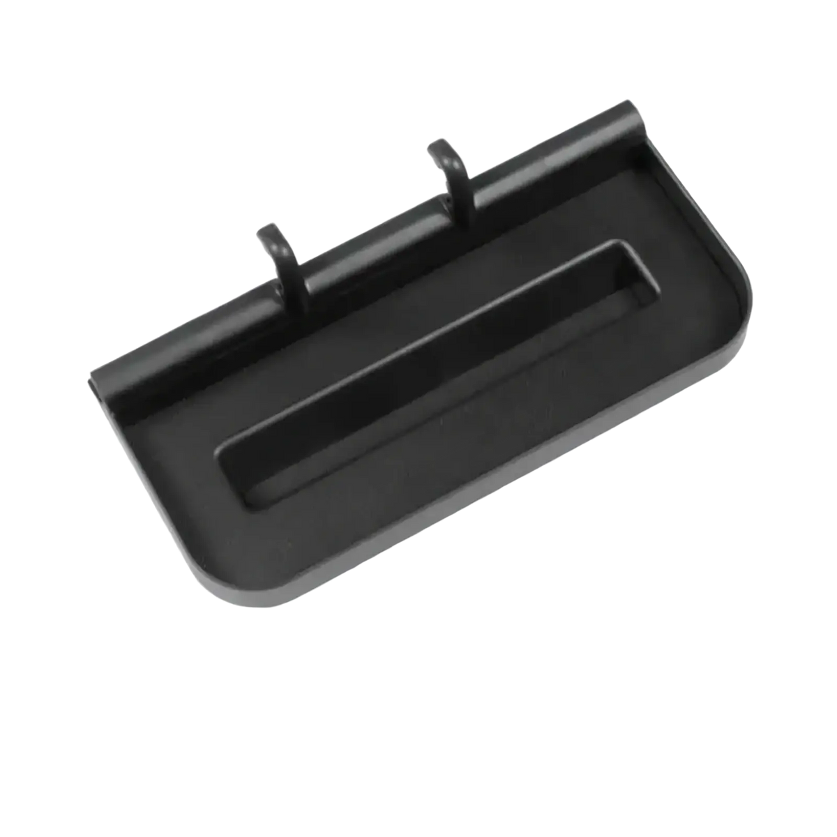 Black plastic car door handle cover with two integrated hooks shown from the back side for icar v23 organizer tray