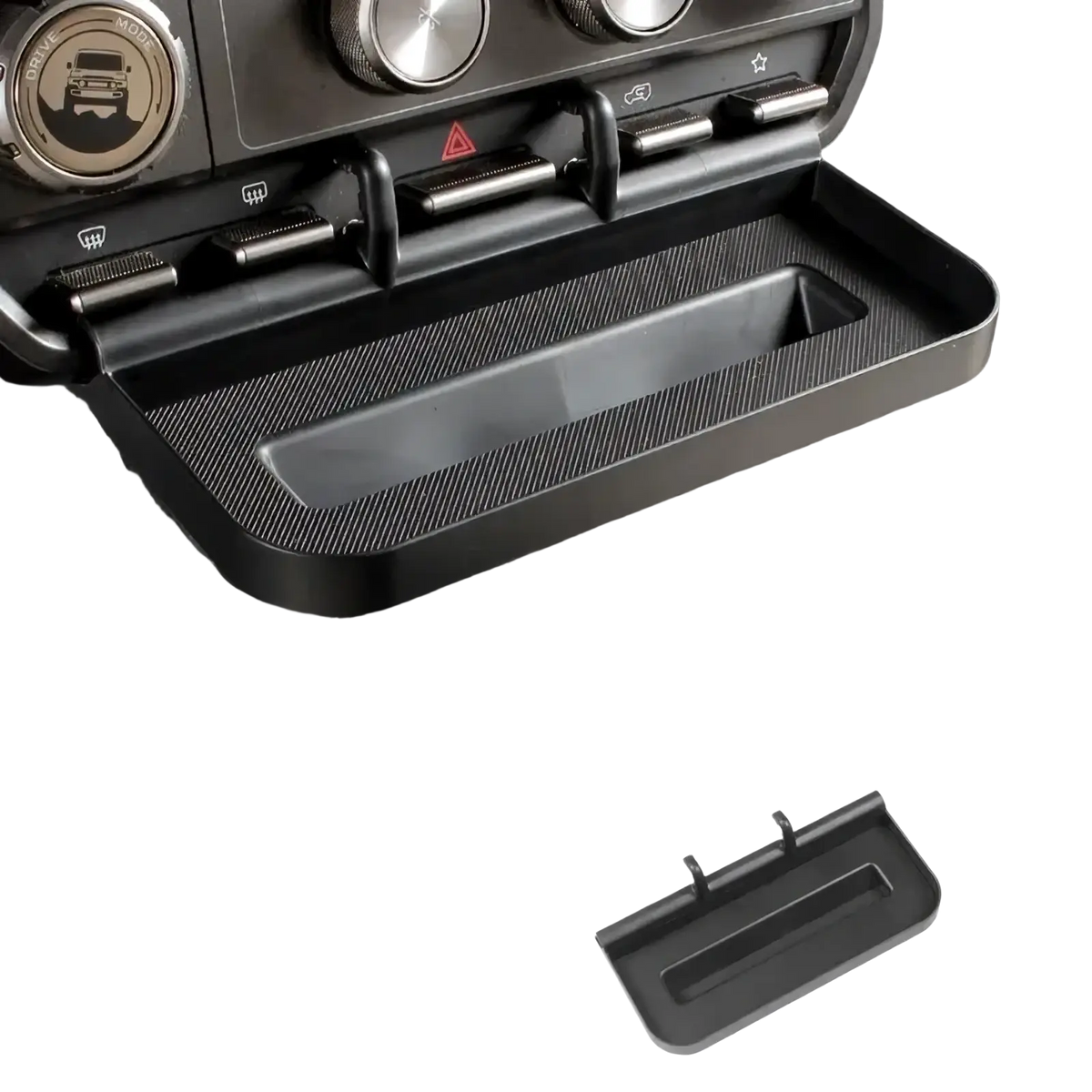 Black plastic icar v23 center console organizer tray with textured surface and integrated storage tray