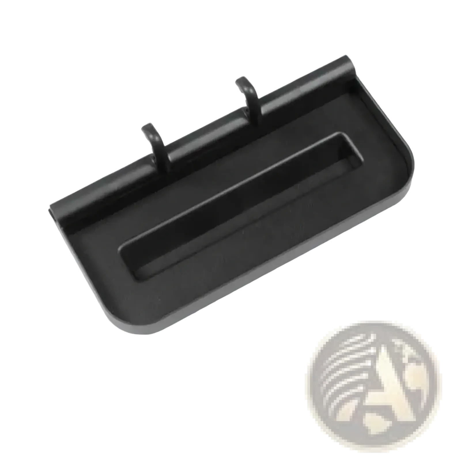 Black plastic car door handle cover with two integrated hooks shown from the back side for icar v23 organizer tray