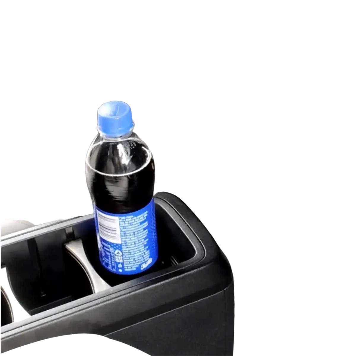 A blue plastic soda bottle with matching cap sits in the black icar v23 center console organizer tray cup holder