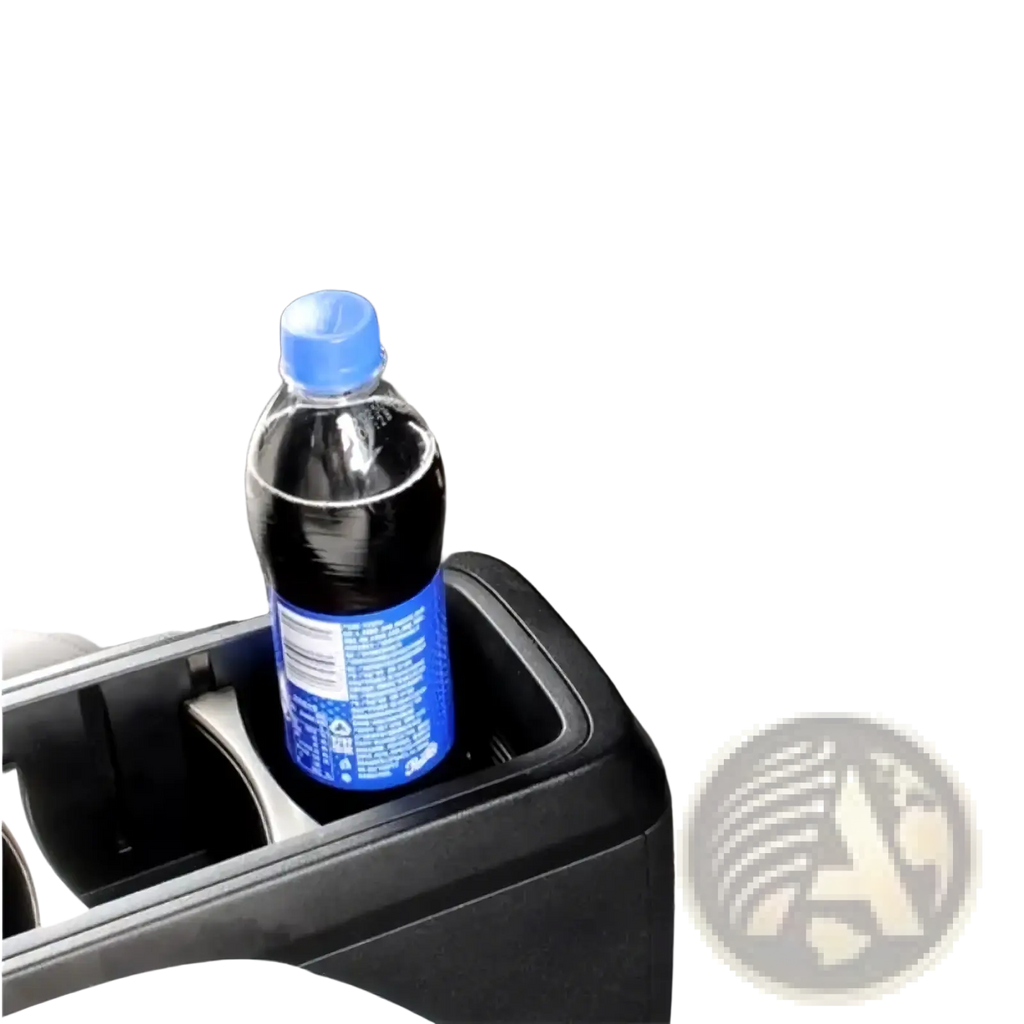 A blue plastic soda bottle with matching cap sits in the black icar v23 center console organizer tray cup holder