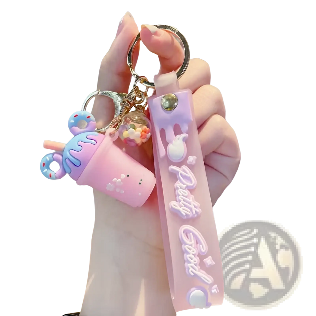 Pink silicone ice cream keychain with cute drink charm and pretty good text on pvc personalized hanger strap